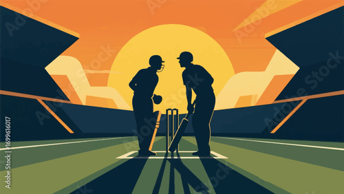 silhouette illustration of cricket players facing each other on the field at sunset vector design template