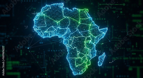 Digital glowing map of Africa made of blue and green light dots and