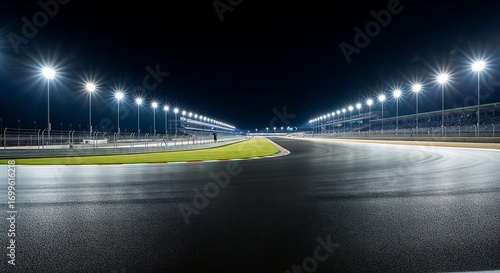 Motor racing track at night with bright stadium lights illuminating