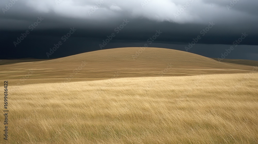 Fototapeta premium Dramatic Storm Clouds Loom Over Rolling Golden Grassland Landscape