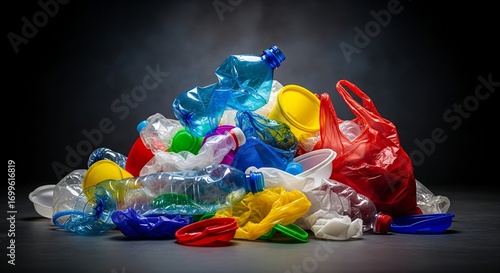 Pile of discarded colorful plastic bottles bags and containers