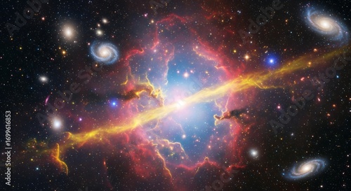 Vibrant deep space nebula with spiral galaxies stars and cosmic dust