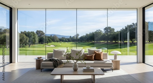 Modern living room with large windows overlooking a golf course beige
