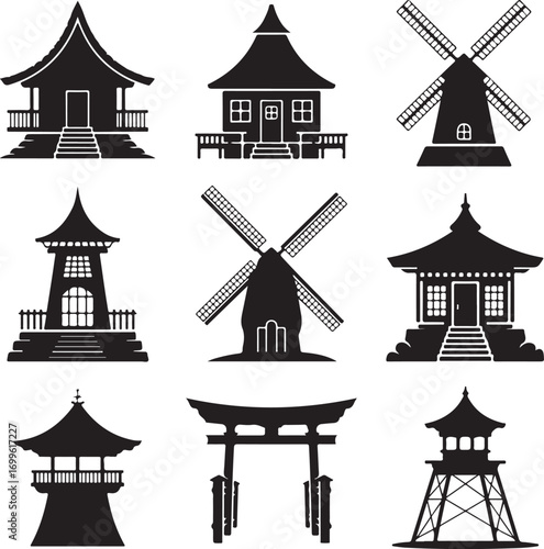 Collection of black silhouette traditional buildings and windmills Keywords: building, silhouette
