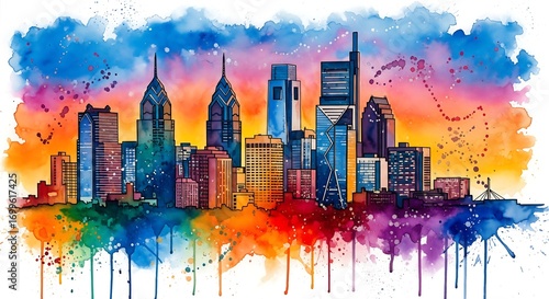 Vibrant watercolor skyline of Philadelphia Pennsylvania. Abstract