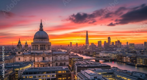 London skyline at sunset with St. Paul's Cathedral and The Shard