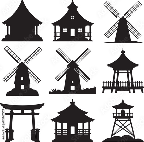 Assortment of black silhouette traditional buildings and windmills Keywords: building, silhouette