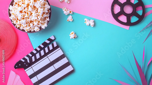 Popcorn movie film reel clapperboard pink blue background
