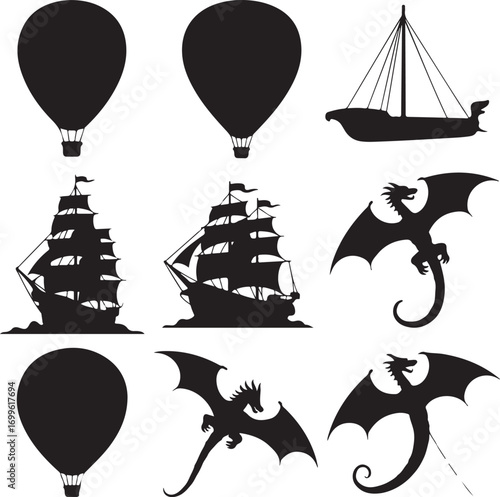Silhouettes of hot air balloons, sailing ships and dragons Keywords: hot air balloon, ship, sailing