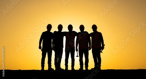 Silhouette of construction workers in safety vests and hard hats