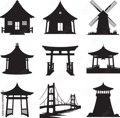 Black silhouette collection of traditional buildings and structures Keywords: building silhouette