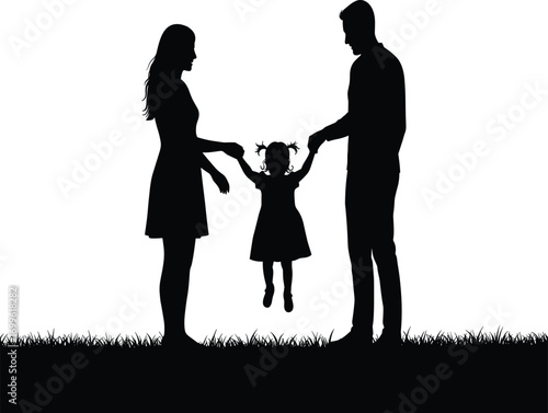 Family silhouette with child swinging between parents, joyful parenting moment, happy childhood scene, vector illustration of outdoor bonding and love