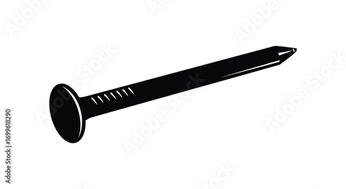 a single black nail with flat head and textured shaft