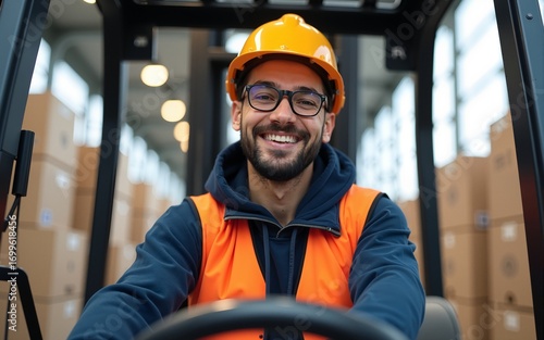 Front view of smiling interracial industry worker driving forklift. High quality