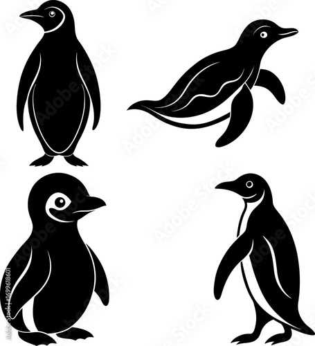 Penguin silhouette vector, Black silhouette of Penguin vector bundle logo illustration set, Penguin head art, Penguin vector illustration