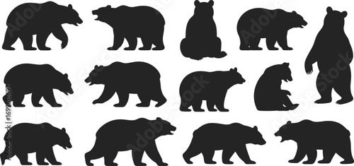 Silhouettes of bears in different poses, walking and sitting bear figures, wild animal icons, nature wildlife, strong powerful bears