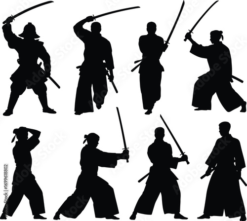Silhouettes of samurai warriors with swords in various battle poses, traditional Japanese katana fighters, martial arts warriors, ninja combat action