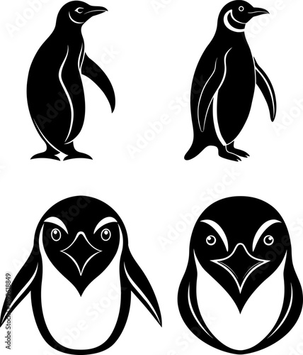 Penguin silhouette vector, Black silhouette of Penguin vector bundle logo illustration set, Penguin head art, Penguin vector illustration