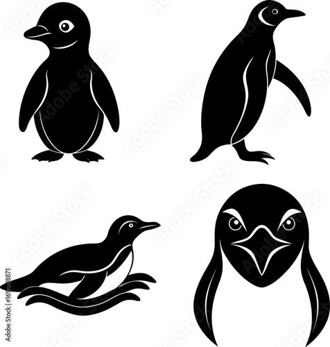 Penguin silhouette vector, Black silhouette of Penguin vector bundle logo illustration set, Penguin head art, Penguin vector illustration