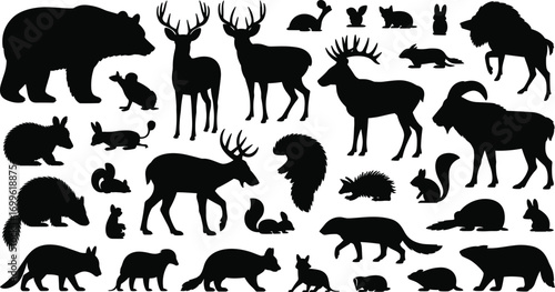 Canvas Print Silhouettes of diverse wild animals including bears, deer, squirrels, rabbits, m