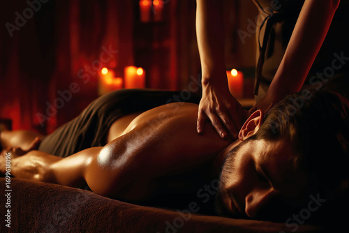 male relaxes during a erotic body massage in a spa salon. Female masseuse massages a man with hands in massage salon