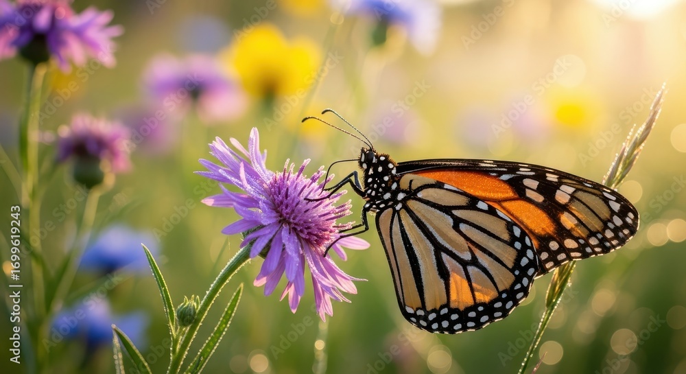 Fototapeta premium Monarch butterfly feeding on a purple wildflower in a meadow