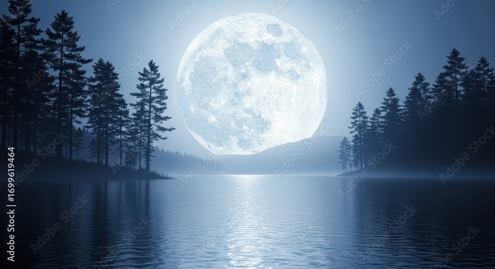 Fototapeta premium Mystical full moon over calm lake surrounded by silhouette trees