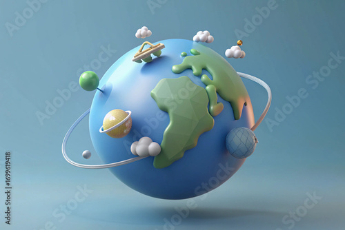 Stylized 3D Earth with Continents, Clouds, and Planets globe world 3D