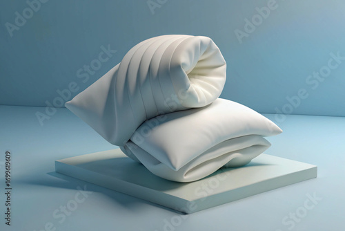 Two 3D White Pillows, One Folded and One Rolled, on a Light Platform cushions bedding