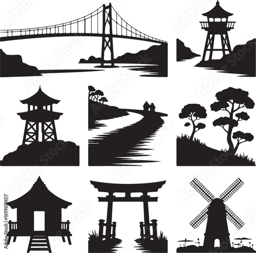 Silhouette Collection of Bridges Pagodas Windmill and Torii Gate suspension bridge tower
