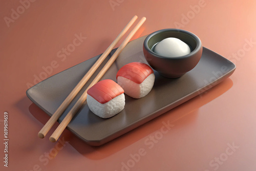 Two Onigiri Sushi Balls with Chopsticks and Soy Sauce Dish rice ball japanese food 3D