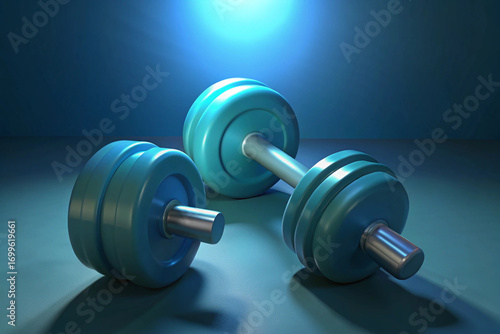 Two Teal Dumbbells and One Weight Plate on a Blue Surface with Dramatic Lighting weights fitness 3D