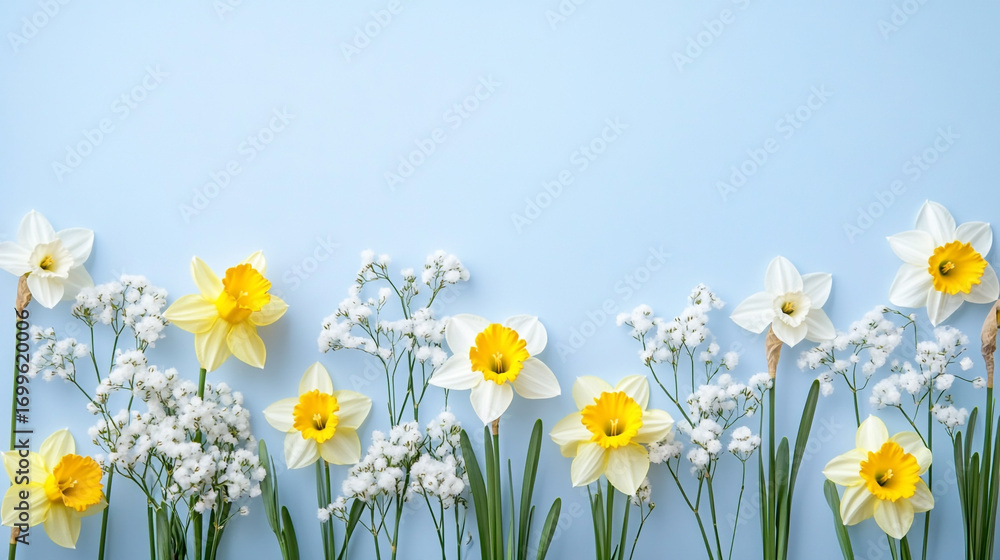 Fototapeta premium Daffodils and baby's breath flowers on a light blue background a spring floral arrangement
