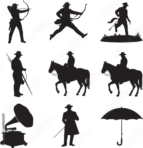 Silhouette collection of cowboy figures, horse riders and vintage objects Keywords: silhouette