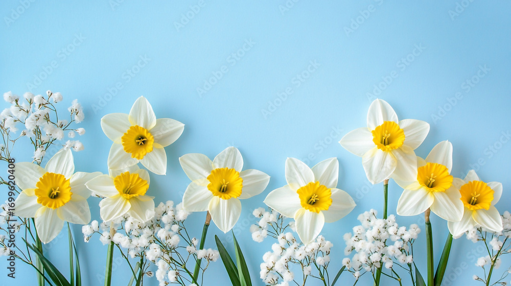 Obraz premium White and yellow daffodils with baby's breath on a light blue background