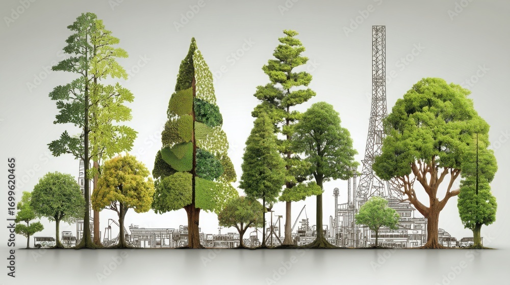 Fototapeta premium Trees with crane in background representing urban development and climate-conscious franchising practices