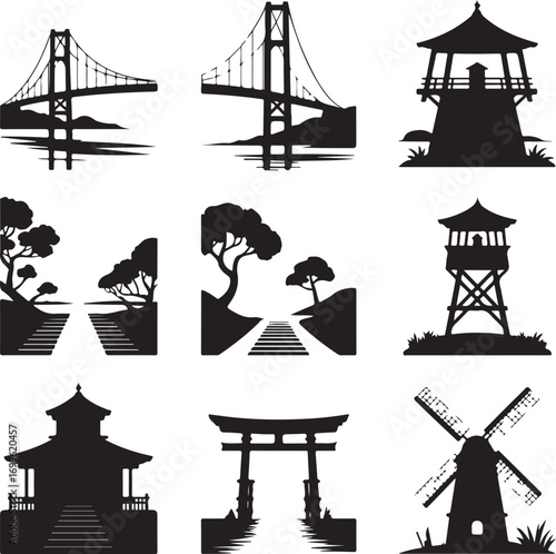 Silhouette Collection of Bridges Pagodas Torii Gate and Windmill vector illustration