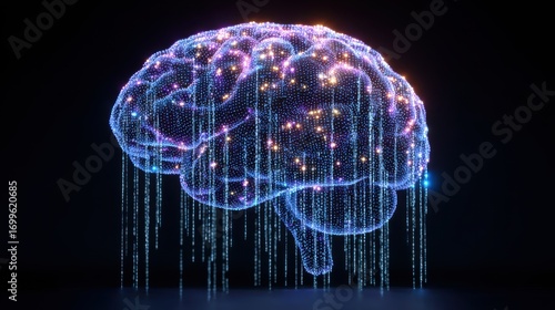 Human Brain Digital Model with Data Streams on Black Background