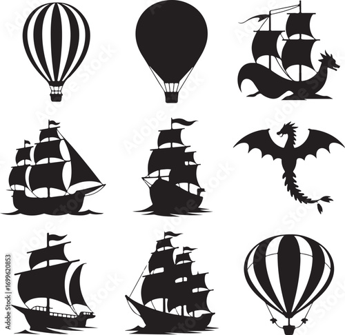 Hot Air Balloons Sailing Ships and Dragon Silhouettes Collection Keywords: hot air balloon, hot air