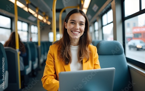 Portrait of young happy fashionable lady sitting in city bus with laptop and having video call. High quality