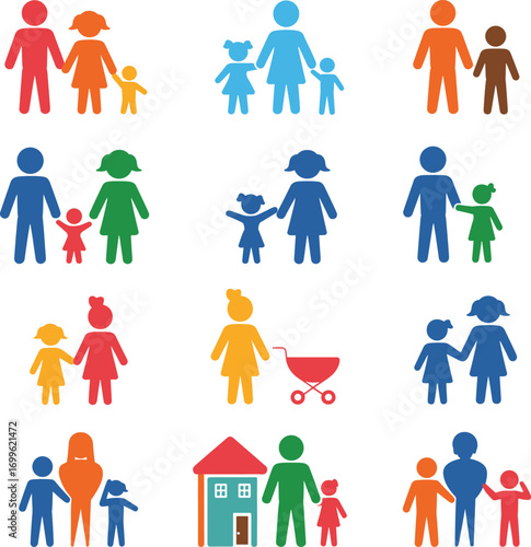 Colorful family icons collection, diverse parent and child symbols, parenting concept, family relationship signs, home life, kids and parents