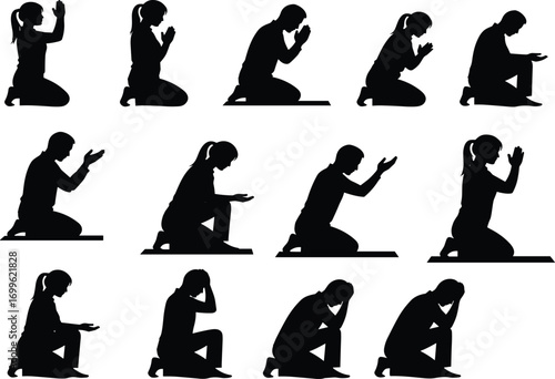 Silhouette set of kneeling prayer poses showing spiritual meditation, devotion, worship gestures, religious reflection, and peaceful body language illustration