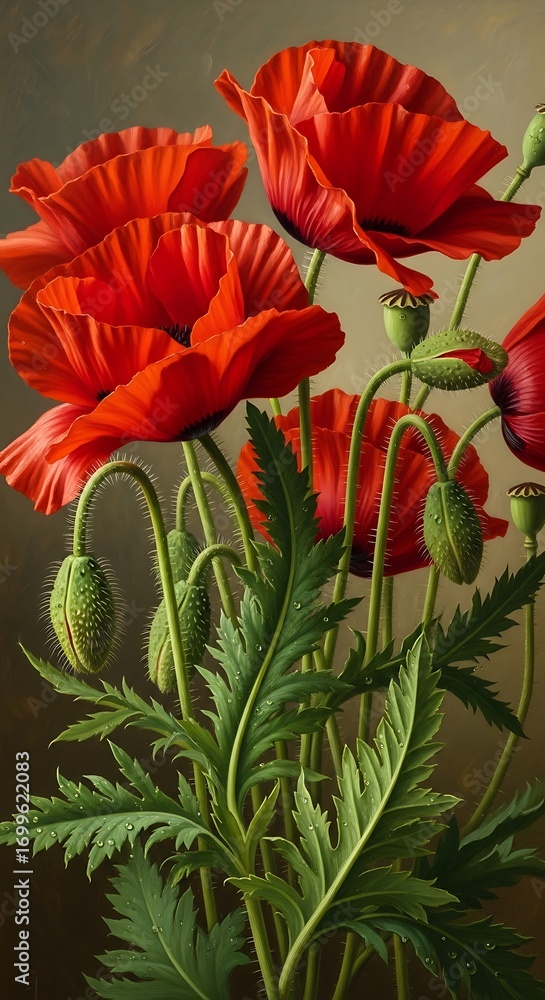 Obraz premium Detailed red poppy blossoms with vibrant leaves and delicate details