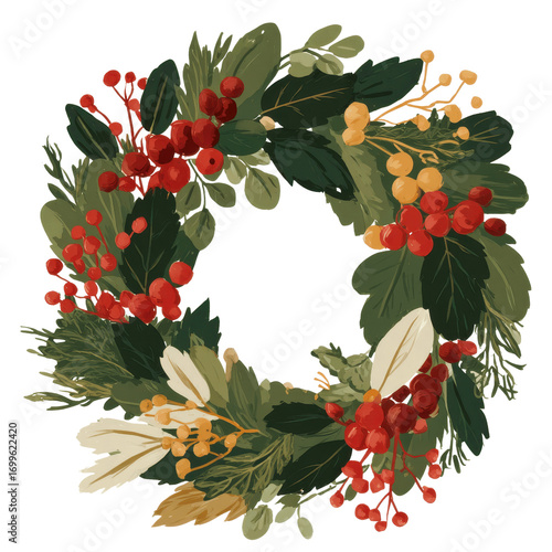 Festive Watercolor Christmas Wreath with Berries and Greenery