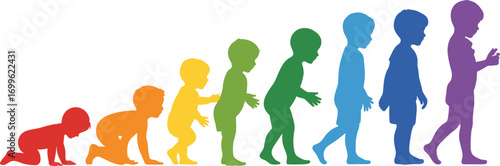 Colorful silhouette of child development stages, crawling to walking progression, toddler growth phases, early childhood milestones, kids learning movement evolution