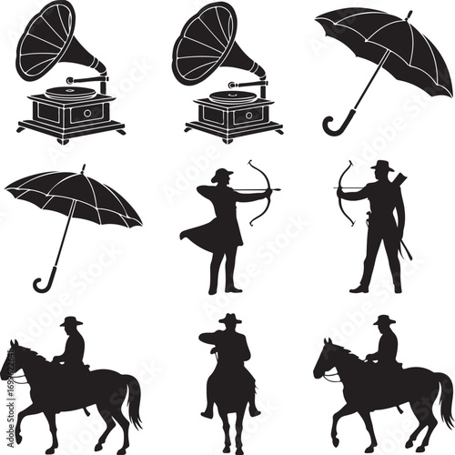 Silhouette collection of vintage gramophones umbrellas archers and cowboys on horses phonograph