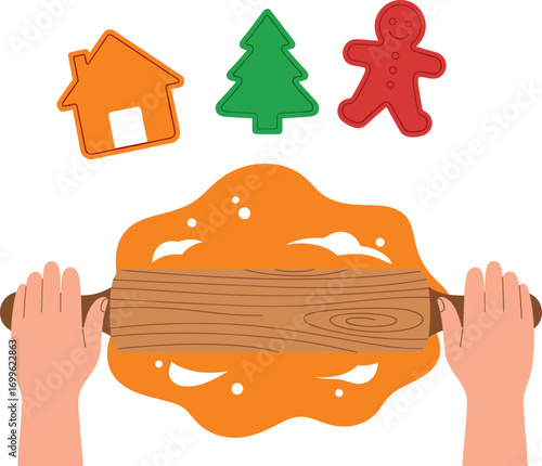 Holiday baking scene with rolling pin, cookie cutters, and dough—perfect for festive kitchen design, cooking themes, and seasonal content.