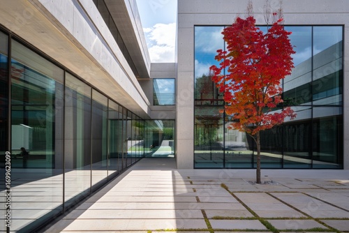 Modern Architecture With Autumn Foliage In Courtyard