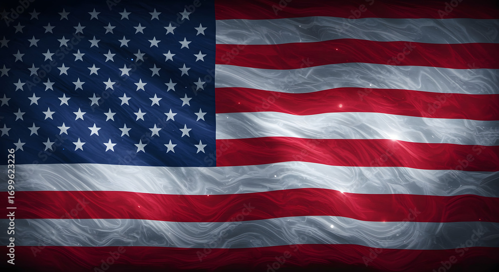 Obraz premium Echoes of the Sentinel – Abstract Living American Flag of Sound and Light