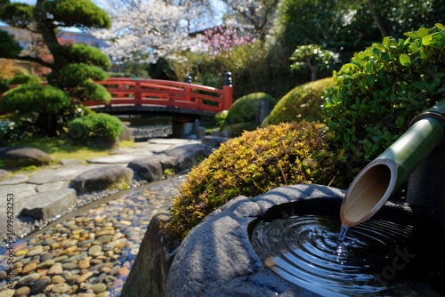 Tranquil Japanese Garden with Cherry Blossoms and Water Feature